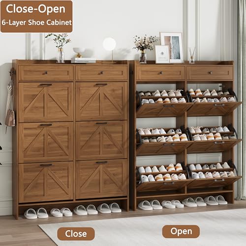Image of Shoe Cabinet with 6 Flip Drawers & 2 Top Drawers, 57 inch Tall Freestanding Narrow Wooden Shoe Storage Organizer for Entryway, Hidden Slim Shoe Rack for Front Door Entrance, Hallway, Living Room, Walnut