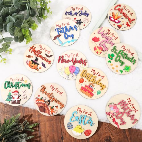 Image of FYSUIMU 12 Pcs My First Holiday Baby Milestone Cards Double-deck Wooden Discs Announcement Sign Newborn Photography Prop for Pregnancy Baby Shower Party Favors