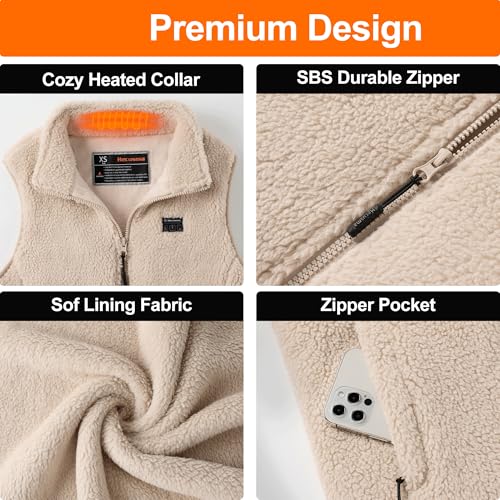Hecusma Khaki Flauschige Heizweste Damen mit 16000mAh 7.4V Powerbank inklusive, Sherpa Beheizte Weste Damen, Elektrische Fleece Wärmeweste für Outdoor-Ski-M