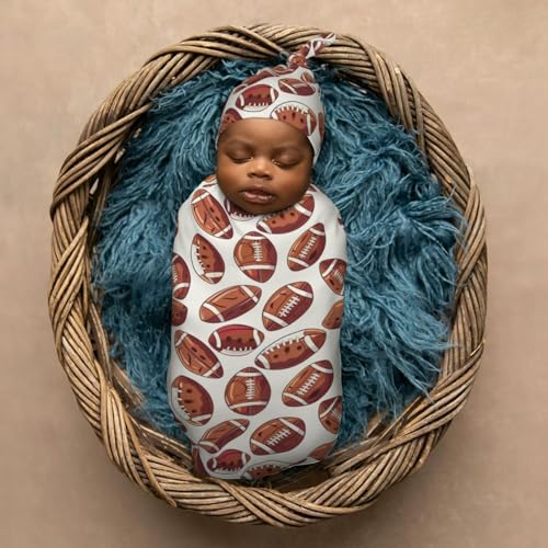 Image of American Funny Football Newborn Swaddle Blankets Hat Sets Soft Baby Receiving Blanket Swaddle Sack for Baby Shower Infant Boy Girl Gift
