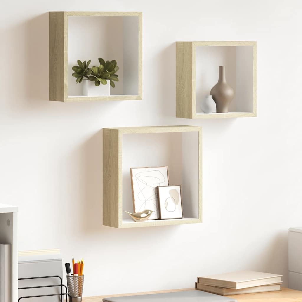 Würfelregale 3 STK. Weiß Sonoma-Eiche MDF Wandregal Schweberegal mit unsichtbarer Halterung Regalwürfel für Wohnzimmer Schlafzimmer Büro Küche zur stilvollen Ablage und Dekoration