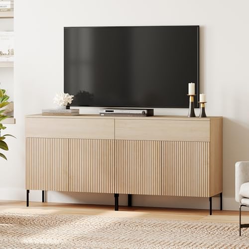 WAMPAT Fluted TV Stand TVs up to 70 inch, 63' W Modern TV Entertainment Center with Storage Cabinets and 2 Drawers & 4 Doors, Wood Media TV Console Table with Storage for Living Room, Beige
