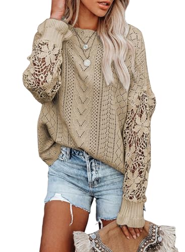 Image of Dokotoo Womens Crewneck Crochet Lace Long Sleeve Hollow Out Cable Knit Sweaters Pullover Tops