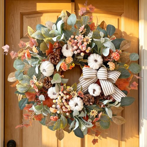 WANNA-CUL 24 inch Large Farmhouse Fall Wreath Decor for Front Door with White Pumpkin, Green Lamb's Ear and Eucalyptus Leaves, Harvest Door Wreath for Autumn or Thanksgiving Decorations