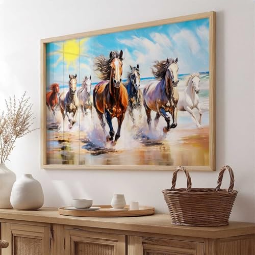Image of HOTHOUSE Seven Running Vastu Lucky Horse Rising Sun Painting Wall Decor | 7 Horses Vastu Frame Wall Art Painting for Living Room Bedroom Office Home Decor Size (13X17 inch)