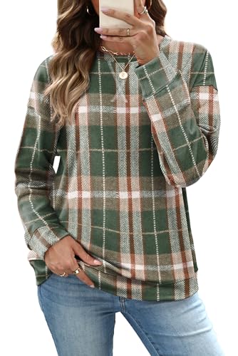RUMIA Sweatshirt for Women Fall Fashion Clothes Crewneck Fall Outfits Tops for Women 2025 Pullover Long Sleeve T Shirts Green Plaid L