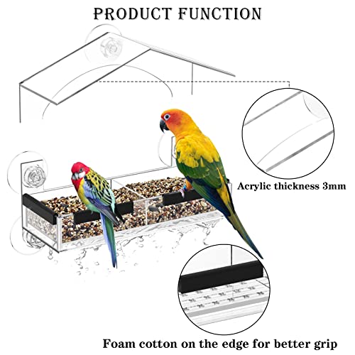 Window Bird Feeders, Clear Bird Feeder Window, Adjustable Roof Transparent Bird House with 5 Extra Strong Suction Cups Rainproof Bird Feeder for Outside Removable Acrylic Birds Feeders