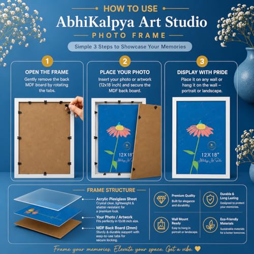 Image of Abhikalpya Art Studio 12x18 Inch A3 Size Photo Frame for Wall - Vertical & Horizontal Wooden Look Picture Frame for Home Decor, Poster, Certificate, Artwork, Gallery Wall Set of (1) (White)