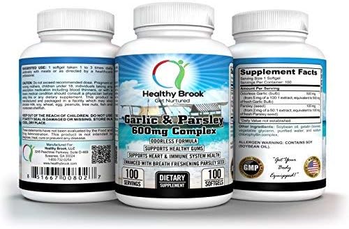 Garlic & Parsley 600mg Complex 100 softgels Yeast Candida Fighter Healthy Cholesterol Support Odorless Formula Enhanced with Breath Freshening Parsley Seed Supports Healthy Gums Heart Immunity