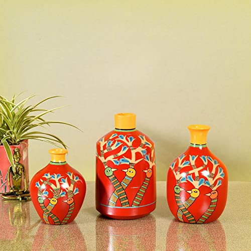 Image of Aakriti Art Creations Chirping Birds Terracotta Vase Set of 3 | Handmade Red Flower Vases | Matte Finish Floral Art Decorative Vases for Living Room, Table Decor & Gifting