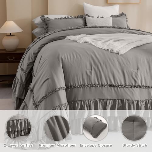 Image of QSH Grey Oversized King Comforter Set 120x120, Farmhouse Ruffled Bed Comforter Gray French Country Rustic Vintage Comforter Microfiber Soft Lightweight Fluffy Shabby Bedding 3 PCs