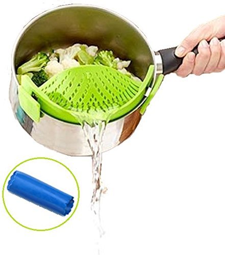 JIKO MAMBO Clip-on Silicone Strainer, Colander & Drainer, Pan Strainer, BONUS FREE Spatula! Pasta, Spaghetti, Ground Beef Grease, Vegetables Strainer, Snap on Bowls,Pots,Pans & Strain