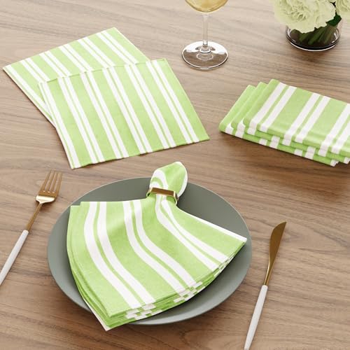 Image of Encasa XO Dining Table Napkins Set of 6, 43x43 cm | Machine Washable Reusable, Recycled Cotton Cloth Napkin, Soft & Absorbent, Table Decor for Hotels, Farmhouse - White & Franca Lime Stripes