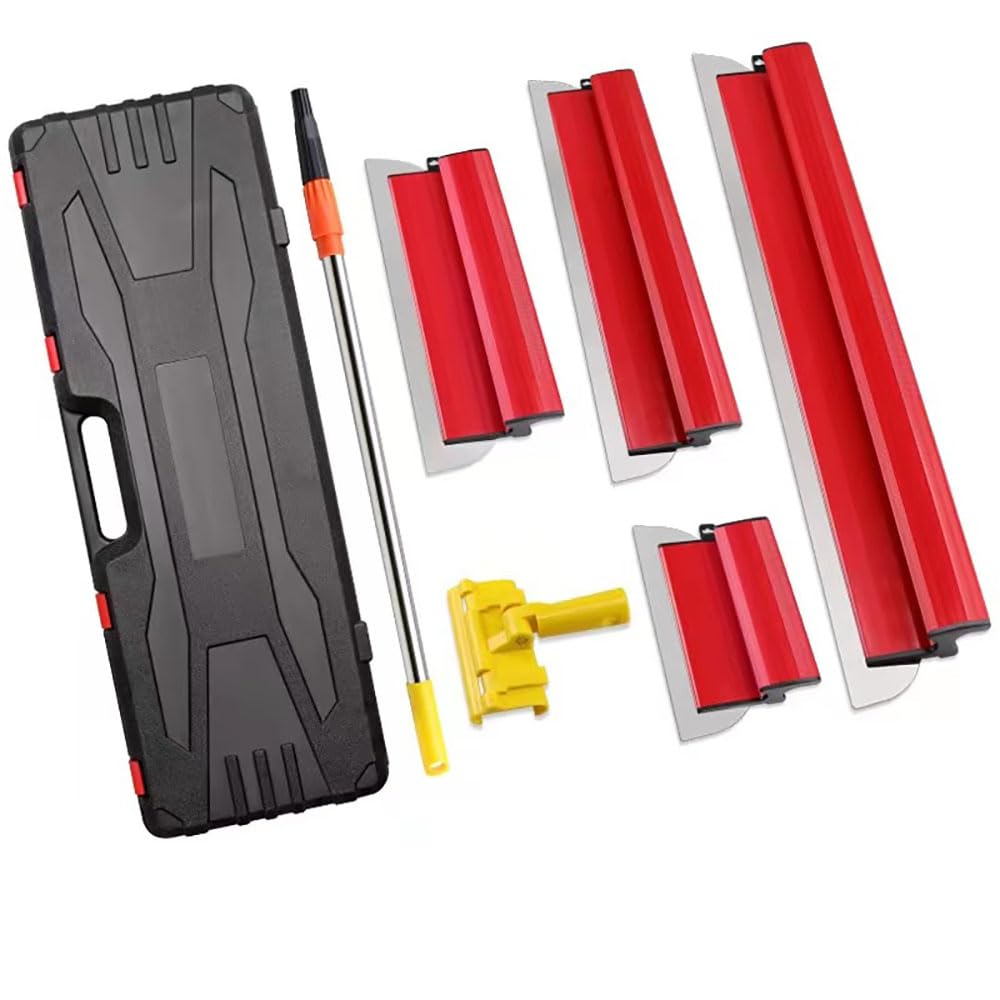 NEWFUN Kit Lame à Lisser pour Plaquiste, Spatules de 25 cm, 40 cm, 60 cm et 80 cm pour le Crépissage des Murs et Plafonds, Perche Télescopique de 1,27 M (red)