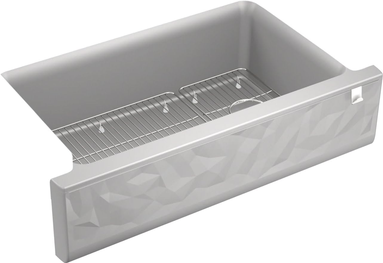 Kohler 29825-CM4 Cairn® 34" undermount single-bowl farmhouse kitchen sink with faceted design, Matte Grey