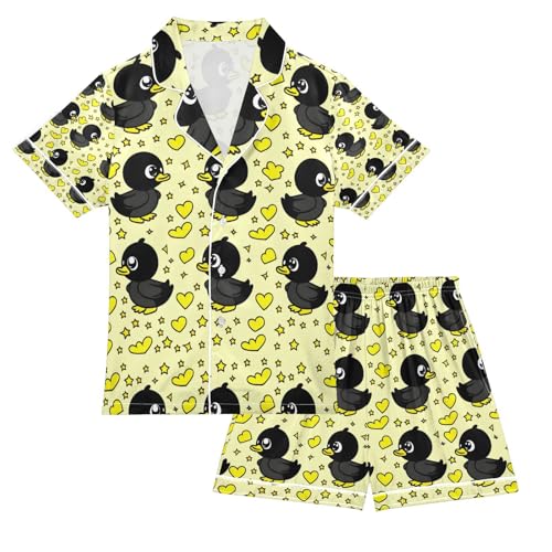 senya Duck Black Cartoon Satin Summer Pajama Sets Silk Short Sleeve Button Down Sleepwear