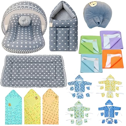 Image of Fareto Infantbond Newborn Baby Bedding Essentials | Daily Needs Items | Hopsital kit Ready Combo | Baby Products All (Pack of 32) (0-6months) (Crown Grey)