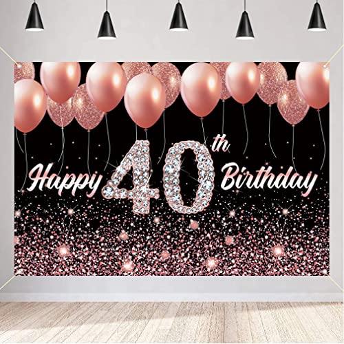 Happy 40th Birthday Party Decoration Backdrop Banner for Woman Happy 40 Years Old Fabric Sign Poster, Glitter Rose Gold Photography Background 40th Birthday Table Decoration, 150x90cm