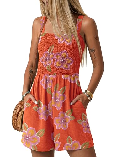 Image of Lepunuo Womens Rompers for Summer Casual Smocked Jumpers Overalls Square Neck Jumpsuits with Pockets Beach Vacation