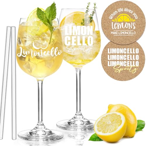 YYSWSAKY 2er Set Limoncello Gläser Geschenkset - Premium Limoncello AperitifglasGlasstrohhalmeKorkuntersetzer Ideal Geeignet für Aperitif Fan