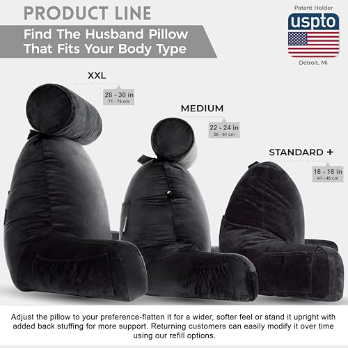 Image of Husband Pillow XXL The Original for Adults - 30 inch Tall Backrest for Sitting Up in Bed - Firm Support Reading & Bed Rest Pillows for Adults, Neck Roll, Removable Cover - TV - Black