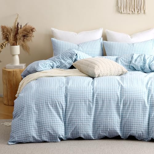 Image of TOCOMOA Light Blue Gingham Duvet Cover Bedding Set 100% Washed Cotton Like Linen Feel Super Soft Comfy 3 Piece Vintage Plaid Checkered Comforter Cover Set (Queen 90 inchx90 inch, Comforter Not Included)