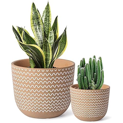 YBX Flower Pots 6 Inch + 4 Inch Ceramic Plant Pots with Drainage Holes, Minimalist Decor, Planters for Outdoor Plants, Succulent Pot, White & Brown Cover