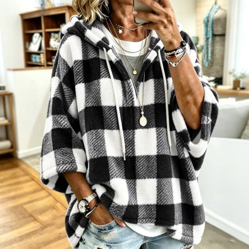 FPMLUXLL Women’s Plaid Sherpa Jacket Winter 3/4 Sleeve Hooded Pullover - image 2