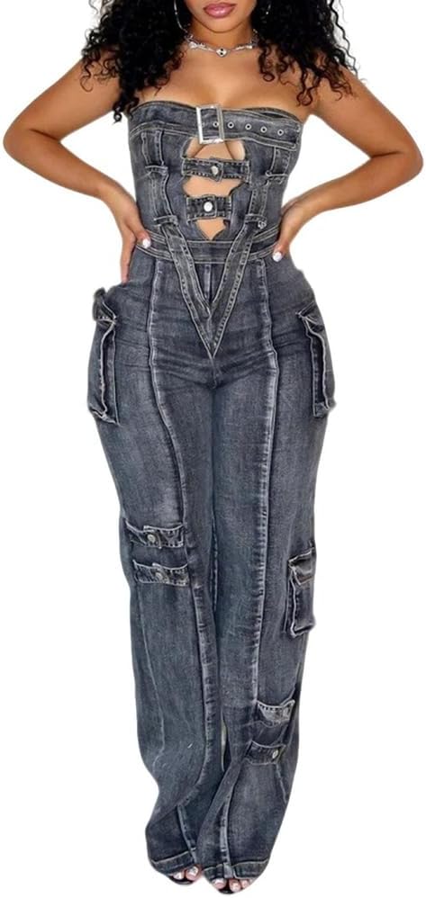 ウィメンズカーゴデニムジャンプスーツ セクシーストラップレススリムフィットワイドレッグ トレンディマルチポケット ストレートロングロ