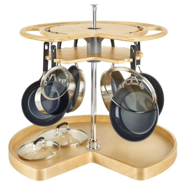 Wood Kidney Shape Swiveling Lazy Susan Hooks Pots and Pans Organizer with 7 Metal for Corner Base Cabinet (28