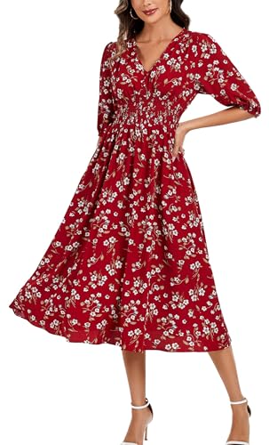 Image of Kormei Women Casual Boho V Neck 3 /4 Sleeve Smocked Waist A Line Flowy Swing Midi Dress Smocked Long Dress