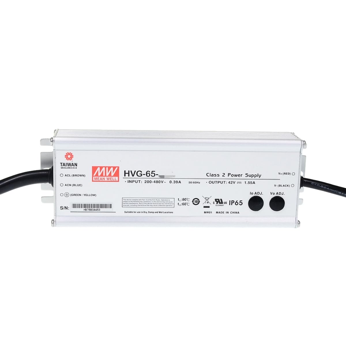 MEAN WELL HVG 65W 15V 4.3A LED Driver， HVG-65-15B AC-DC Constant Current Voltage Switching Power Supply Converter Transformer with IP67, PFC, 3 in 1 Dimming