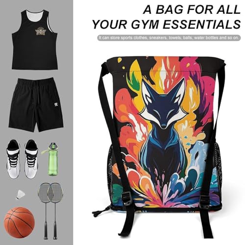Lightweight Colorful Nine Tailed Fox Art Drawstring Bag for Women, Pull String Bags Easy to Carry, Backpack for Sports Gym Beach Travel3