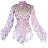 Tyian Sexy Sparkly Diamante Pearl Long Sleeves Fringe Women Bodysuit Team Performance Dance Club Pole Dance Drag Queen Outfit (pink)