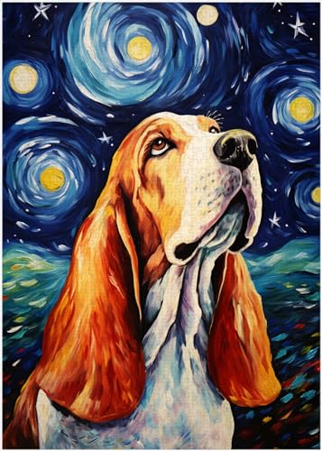 Starry Night Basset Hound Jigsaw Puzzle 1000 Pieces for Adults - Glow in The Dark Puzzle Gift for Basset Hound Lovers - 1000pc Glowing Lights Decor Puzzles (50x70cm / 19.685