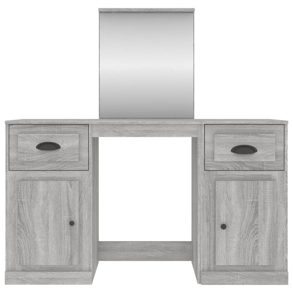Tocador con espejo gris Sonoma de madera, 130 x 50 x 132,5 cm, con cajón, taburete, iluminación LED y espacio de almacenamiento para dormitorio o habitación de niña