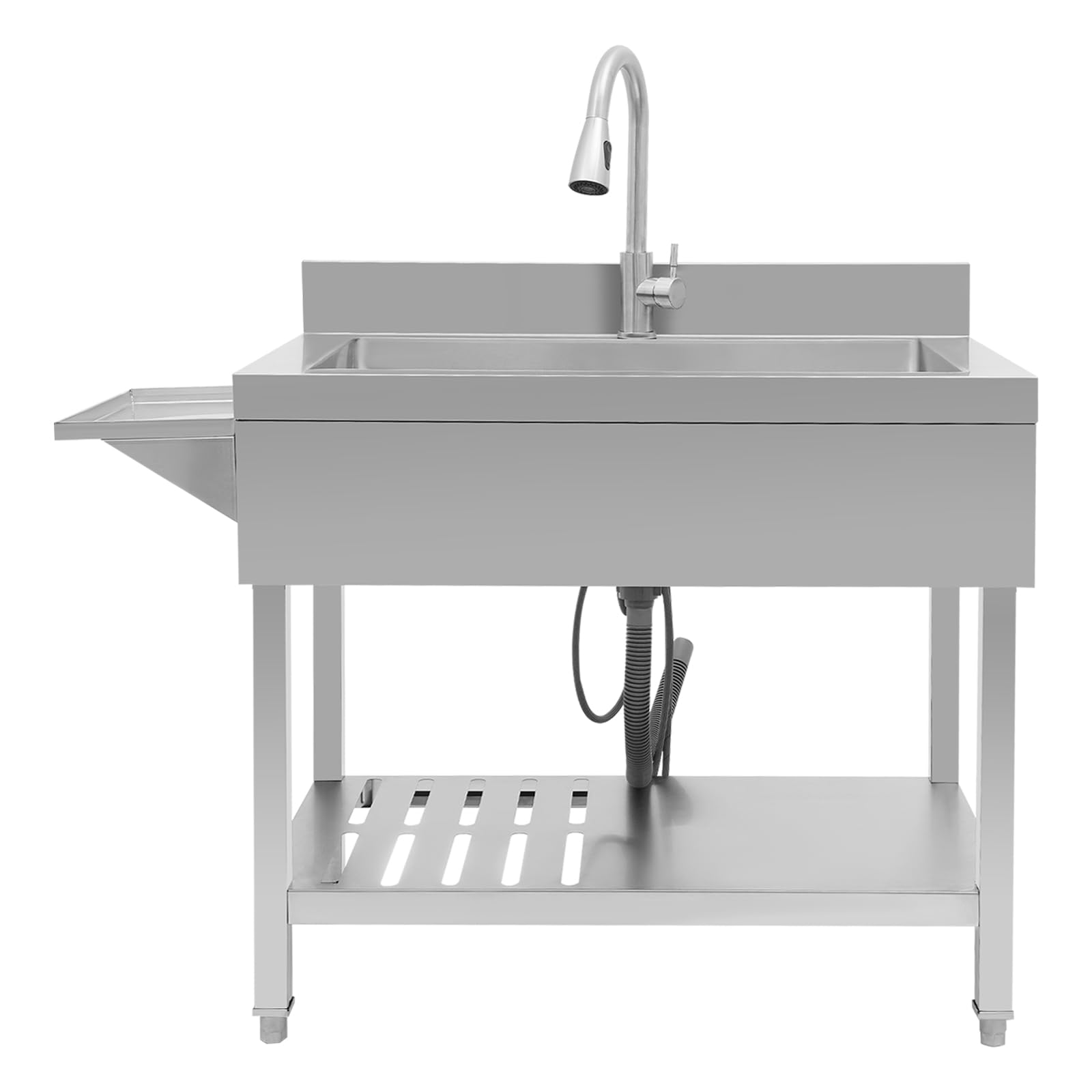 Fregadero independiente, lavabo de acero inoxidable para exterior con grifo giratorio de extracción de 360°, cuenca espaciosa de 80x40 cm para utensilios de cocina voluminosos, lavabo de jardín