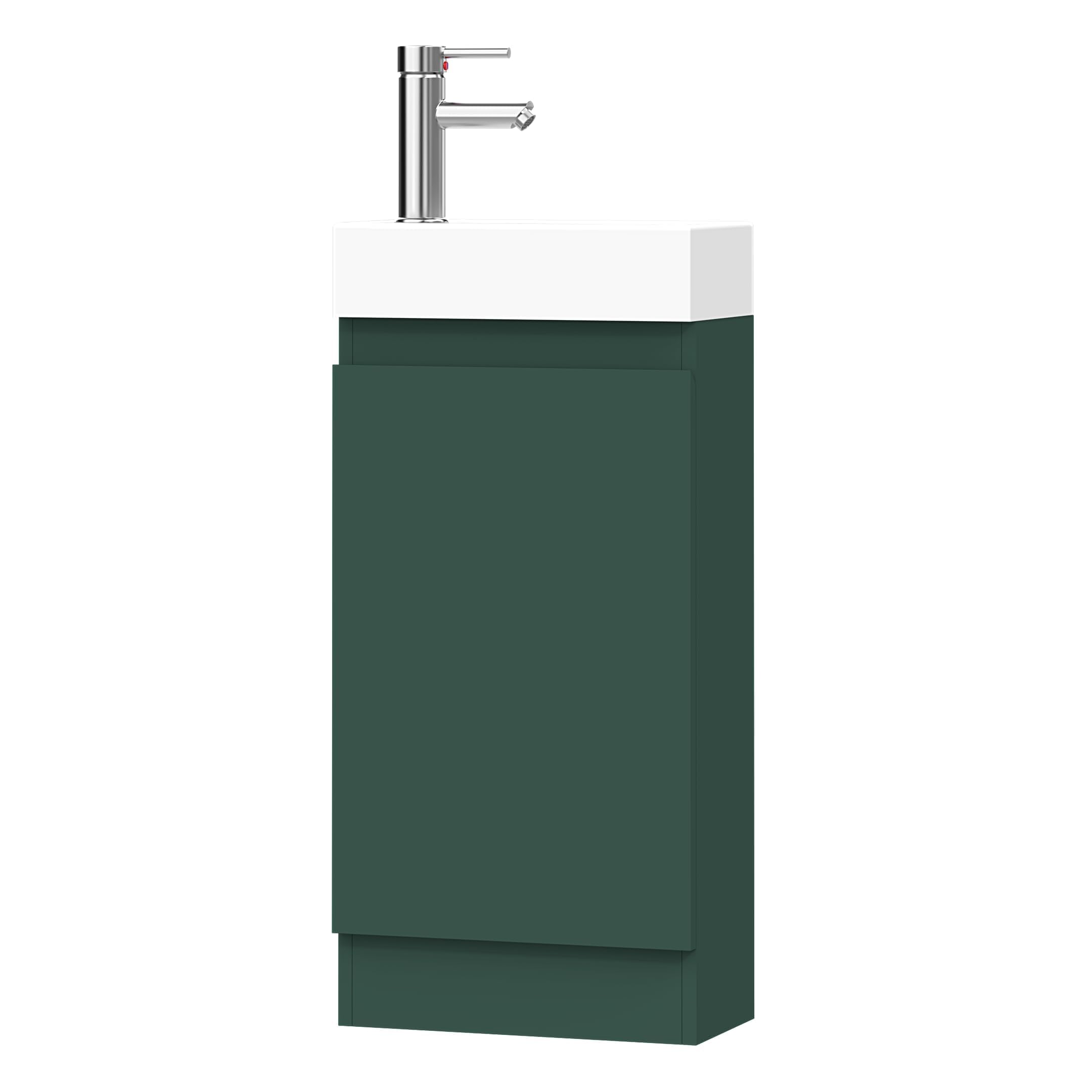 BELOFAY 400mm Floor Standing Bathroom Vanity Unit With Basin - Slim Waterproof Laquered Cloakroom Vanity Unit with 1 Tap Hole Ceramic Basin & Waste | Reversible Tap Fitting (Denvor Green)
