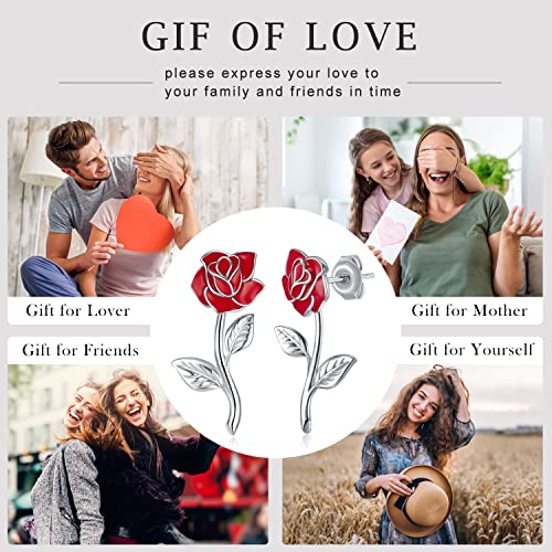 Svodea Rose Flower Earrings For Women, 925 Sterling Silver Pretty Blooming Red Rose Flower Leaf Stud Earrings,Anniversary Birthday Jewelry Gift For Girls Mom Daughter Wife #TOP5