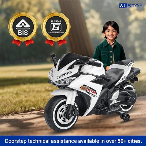 Image of Alstoy Ninja Ride-On Bike for Kids | 12V Rechargeable Battery Electric Toy Bike | Bluetooth Music | 35kg Capacity | Ages 3-8 Boys & Girls| BIS /ISI Approved | 6-Month Warranty | Large | Police White