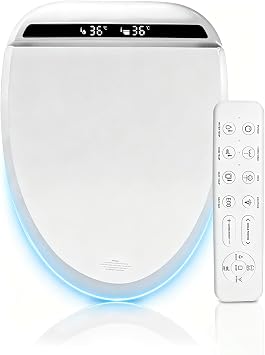 iMeshbean Bidet Toilet Seat Elongated, Electric Heated Seat with Remote Control & Automatic Deodorization, Self-Clean Nozzle, Soft Close Lid, LCD Display Night Light, Air Drying for Two-piece Toilet