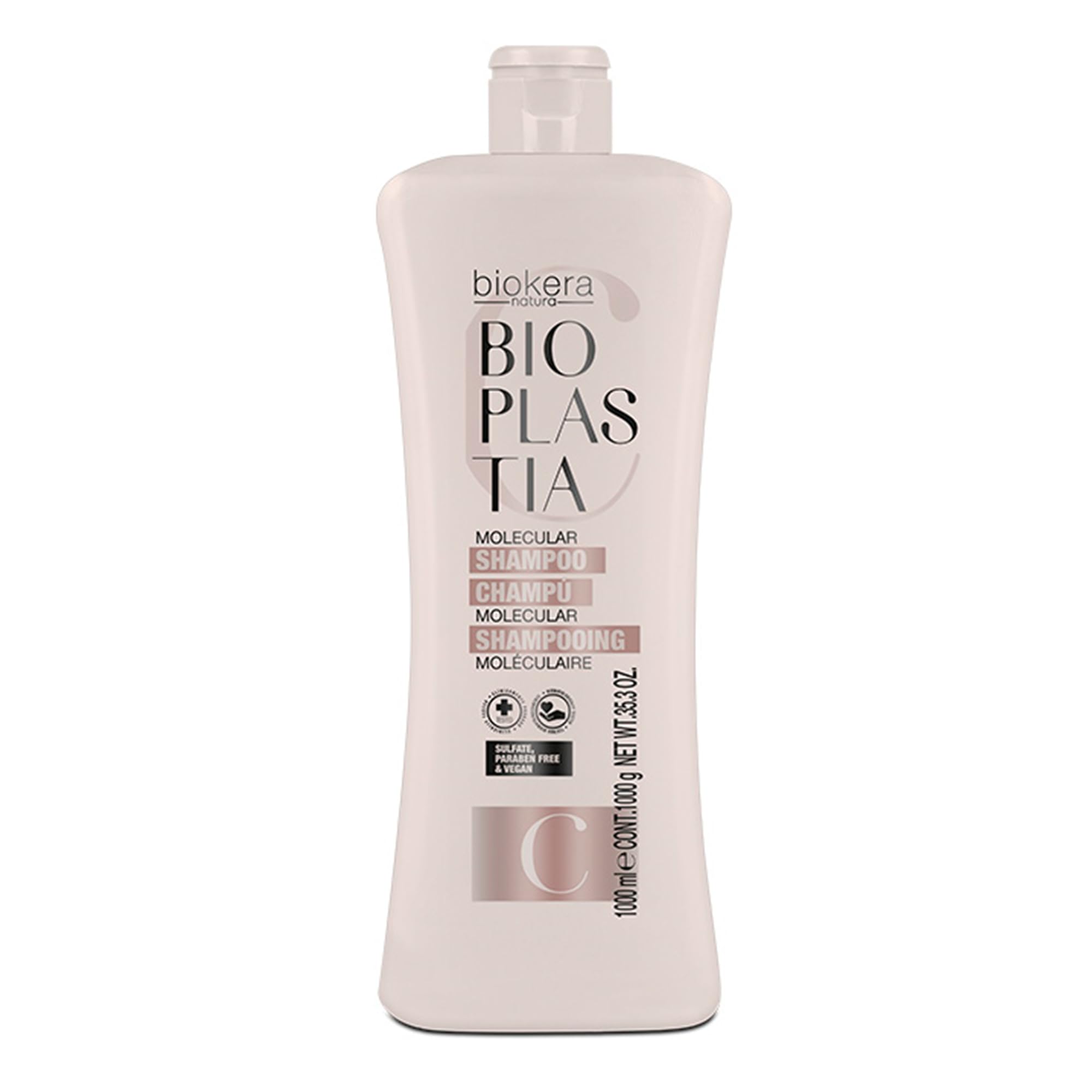 SALERM - Champú Molecular - Biokera Bioplastia - 1000 ml - Champú sin Sulfatos ni Parabenos - Queratina Vegana - Revitaliza Fibra Capilar y Equilibra el Ph Tras Alisado - Cabello sin Encrespamiento