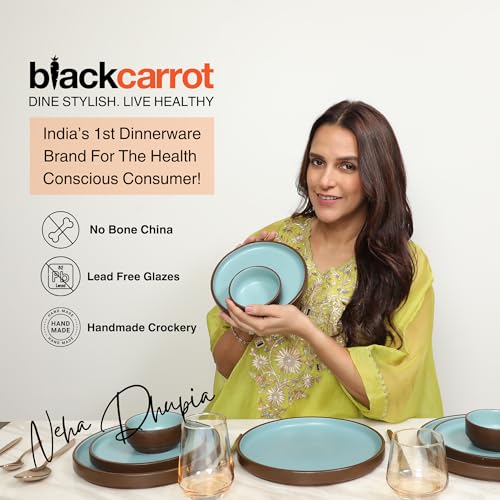 Image of BlackCarrot Ceramic Dinner Set, 12 Pcs, Brown Blue, Bone China Free