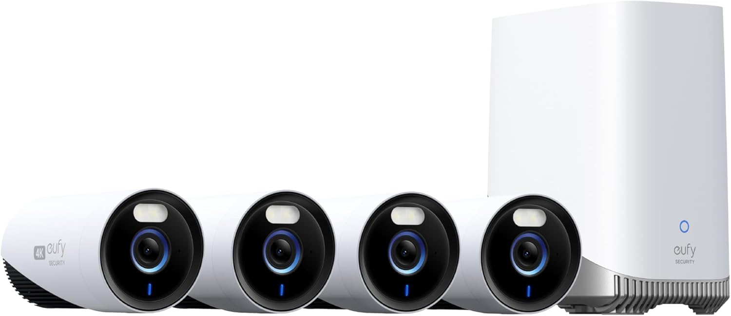 eufy Security eufyCam E330 (Pro) kit 4 telecamere, telecamere esterni 4K, registraz, 24/7, plug-in, NVR Wi-Fi, disco rigido 1 TB incluso, 10 canali, archiv. locale, nessun costo mensile