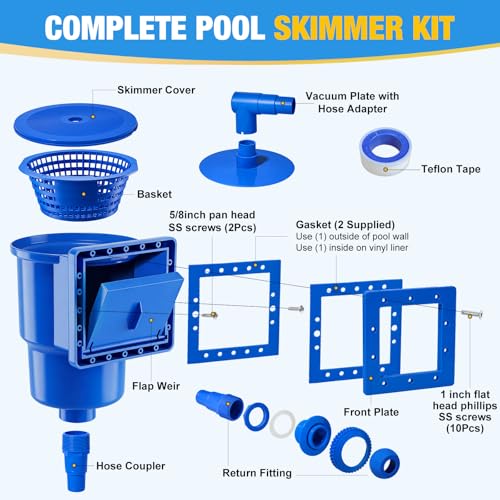 Orealla Skimmer-Set Oberflächenschäumer für Pool – mit großem Korb, Einlassdüse und Rückschlagventil – blaues, beständiges ABS für eingelassene/oberirdische Pools