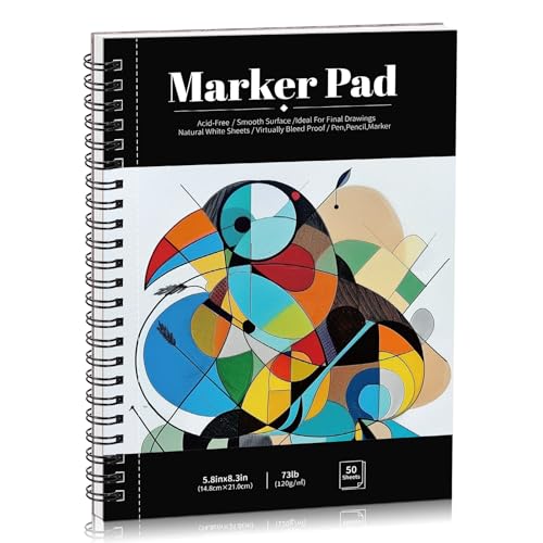 50 Sheets Marker Paper Pad, 5.8×8.3 Inch Bleedproof Art Sketch Pad, 73lb/120gsm Drawing Paper Spiral Sketch Book, Painting Coloring Alcohol Marker Paper for Beginners, Artists, Gift