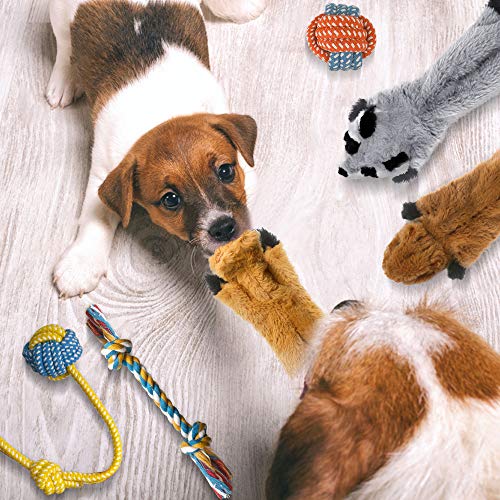 Peteast-3 Squeaky Toys and 3 Rope Dog Toys, No Stuffing Squeaky Plush Fox Raccoon Squirrel, Puppy Chew Teething Rope Toys Set for S/M/L Dogs Pets Animals