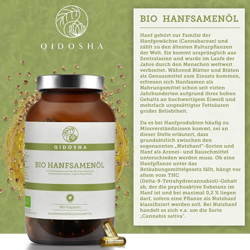 QIDOSHA® Bio Hanfsamenöl Kapseln vegan, 180 Stk, Hanfsamen aus Frankreich und Kanada, 1440 mg je Tagesportion (2 Kapseln), hoher Anteil an Omega 3, 6 und 9 Fettsäuren