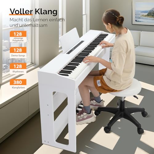 GLARRY E Piano 88 Tasten, vollgewichtete Tastaturen Digitalpiano mit Klavierständer, Dual Bluetooth, 3-Pedal-System, Kopfhörer – für Anfänger und Fortgeschrittene, Weiß