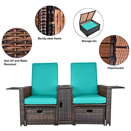 5PCS Outdoor Wicker Chaise Lounge Chair - Rattan Adjustable Reclining Patio Lounge Chair with Ottoman and Coffee Table, for Patio Beach Pool Backyard (Brown Wicker Turquoise Cushion)